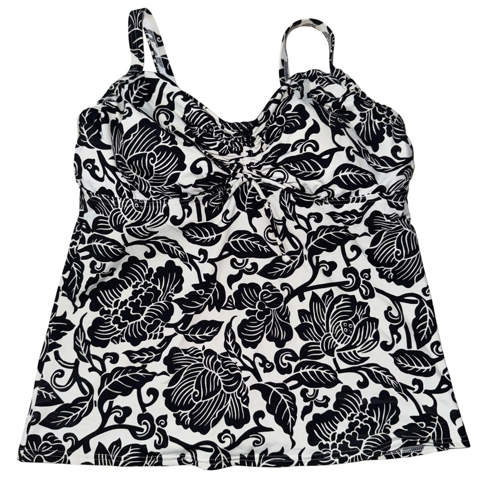 Lands End Floral Tankini Swim Top‎ Black White Ruched Adjustable Straps 8 Mast